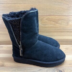 UGG Classic Zip Boot Womens 6 Black Suede Sequin Shearling Fur Lined